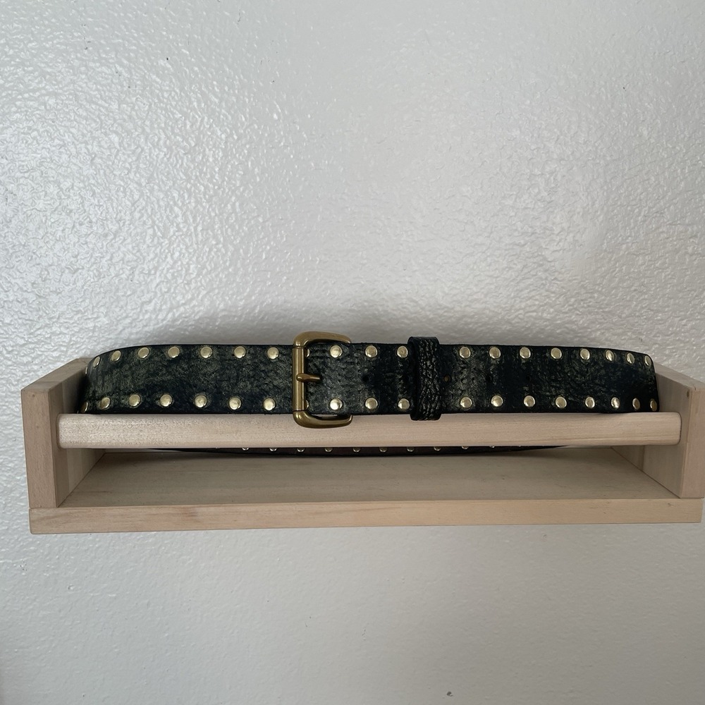Sonya Monique Studded Leather Belt Black Green Brass Rivet Boho Artisan Handmade